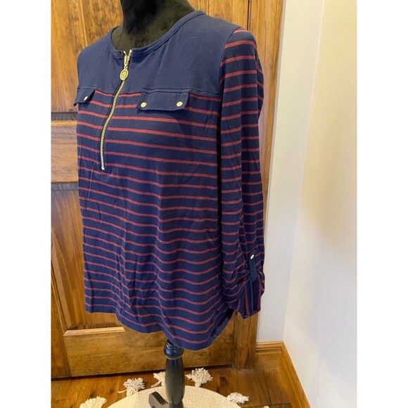 Anne Klein Petite XL Classy Navy Striped Gold Zipper Dressy Blouse Top - Picture 3 of 9